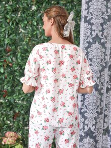 SHEIN Unity 花卉圖案打結細節泡泡袖家居服上裝 - 彩色 - 查看 2