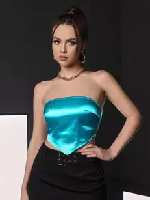 SHEIN ICON 後背繫帶手帕下擺緞面上衣 - 薄荷藍 - 查看 1