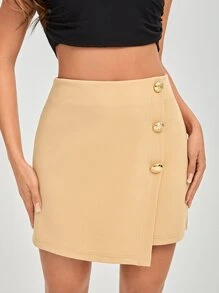 SHEIN PETITE Button Front Asymmetrical Hem Skirt - Apricot - View 1