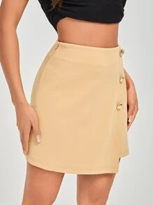 SHEIN PETITE Button Front Asymmetrical Hem Skirt - Apricot - View 3