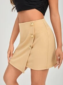 SHEIN PETITE Button Front Asymmetrical Hem Skirt - Apricot - View 5