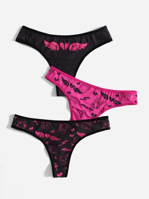 ROMWE Anime Set de 3 bragas con estampado de corazón, alas y bloqueo de colores con diseños de ositos y conejos