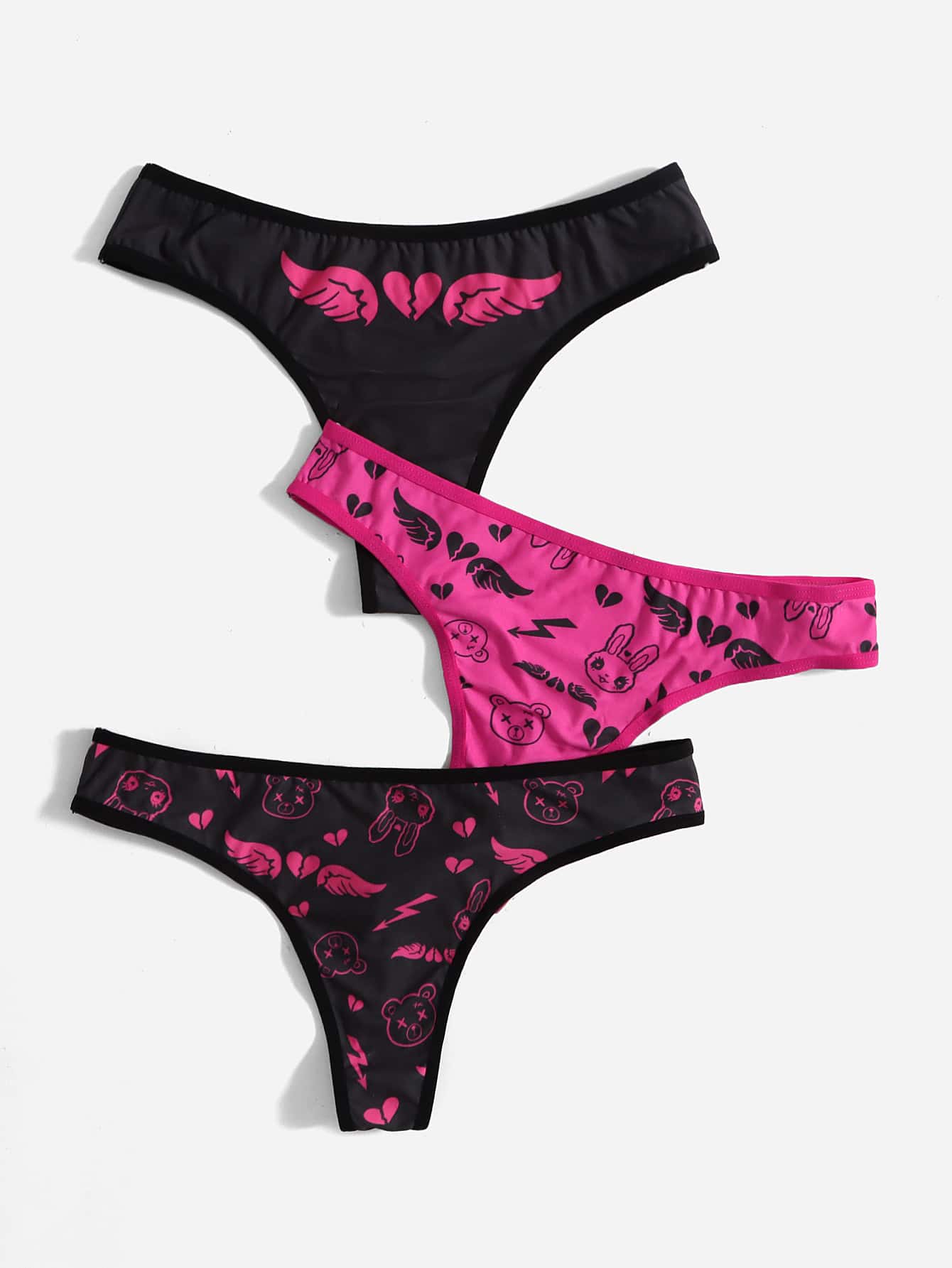 ROMWE Anime 3pcs/Pack Cute Bear & Rabbit Heart Wing Lightning Color Block Print Panties - Multicolor - View 1