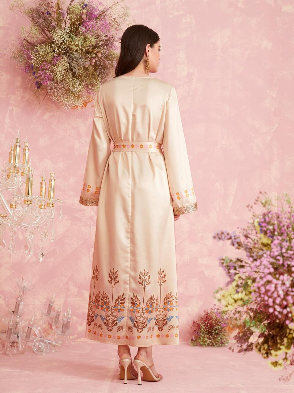 Floral Print Embroidery Flounce Sleeve Belted Kaftan