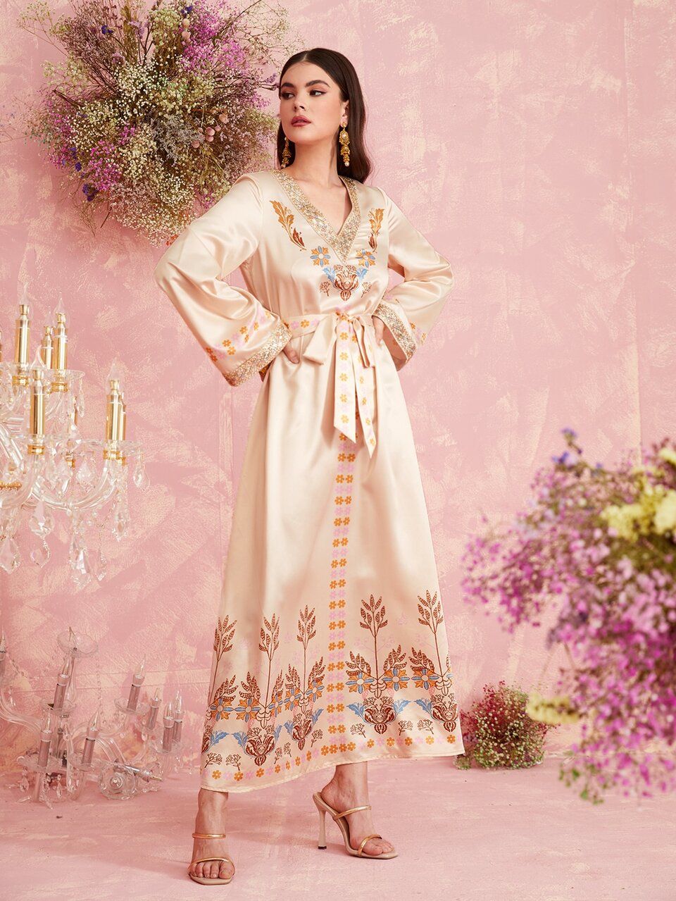 Floral Print Embroidery Flounce Sleeve Belted Kaftan