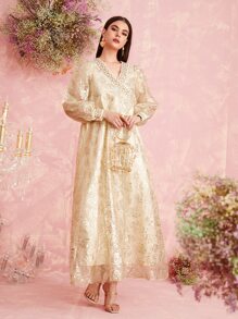 Al Najma Surplice Neck Rhinestone Lantern Sleeve Contrast Mesh Kaftan - Champagne - View 1