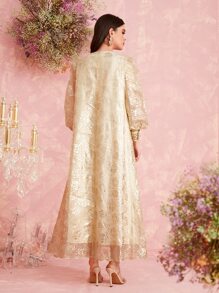 Al Najma Surplice Neck Rhinestone Lantern Sleeve Contrast Mesh Kaftan - Champagne - View 2