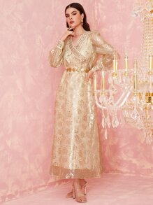 Al Najma Surplice Neck Rhinestone Lantern Sleeve Contrast Mesh Kaftan - Champagne - View 3