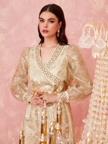 Al Najma Surplice Neck Rhinestone Lantern Sleeve Contrast Mesh Kaftan - Champagne - View 4