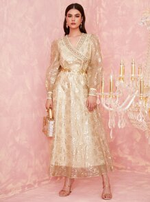 Al Najma Surplice Neck Rhinestone Lantern Sleeve Contrast Mesh Kaftan - Champagne - View 5