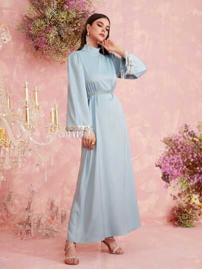 Al Najma Mock Neck Fringe Trim Tape Detail Jalabiya Without Belt