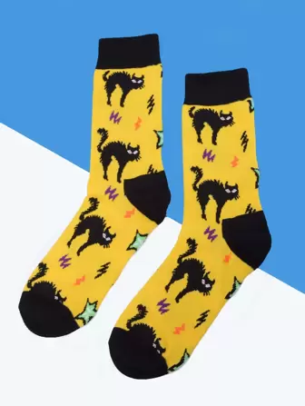 Guys Cat Print Crew Socks