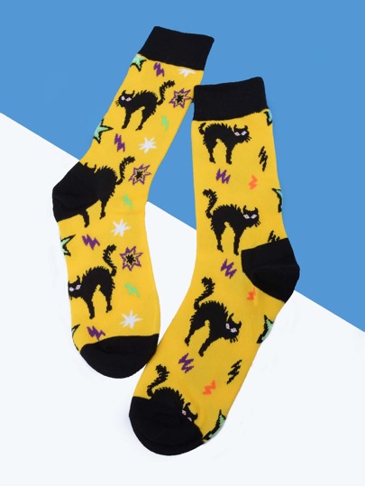 Guys Cat Print Crew Socks