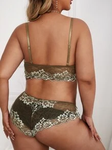 Plus Camouflage Contrast Lace Lingerie Set - Multicolor - View 2