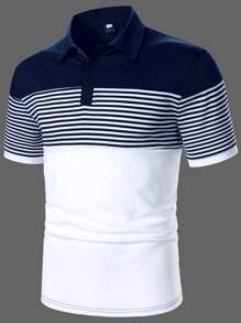 Manfinity Homme 男用條紋拼色 Polo 衫 紐曼領休閒 Polo 衫 老公用 - 藍白色 - 查看 1