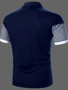 Manfinity Homme 男用條紋拼色 Polo 衫 紐曼領休閒 Polo 衫 老公用 - 藍白色 - 查看 2