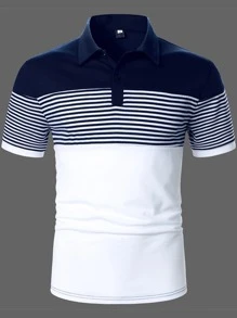 Manfinity Homme 男用條紋拼色 Polo 衫 紐曼領休閒 Polo 衫 老公用 - 藍白色 - 查看 3