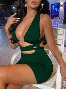 Criss Cross Tie Back Plunging Neck Bodycon Dress - Dark Green - View 3