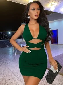 Criss Cross Tie Back Plunging Neck Bodycon Dress - Dark Green - View 4