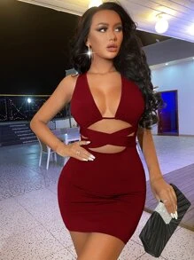 SHEIN SXY Đầm Lộ Lưng Hội Chữ thập Cắt ra Buộc lại màu trơn Gợi cảm - Màu Đỏ Sâu - Xem 4