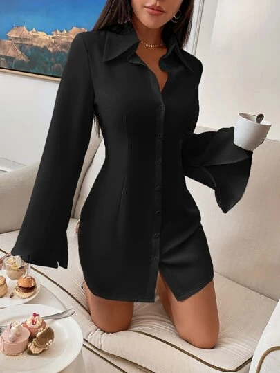 Shirt Dress with Split Sleeves and Button