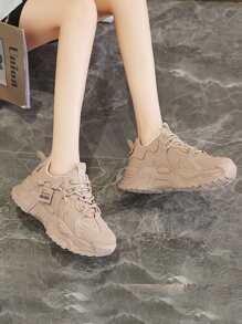 Letter Graphic Lace-up Front Chunky Sneakers - Khaki - View 2