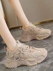 Letter Graphic Lace-up Front Chunky Sneakers - Khaki - View 3