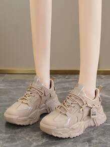 Letter Graphic Lace-up Front Chunky Sneakers - Khaki - View 4