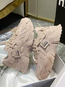 Letter Graphic Lace-up Front Chunky Sneakers - Khaki - View 5