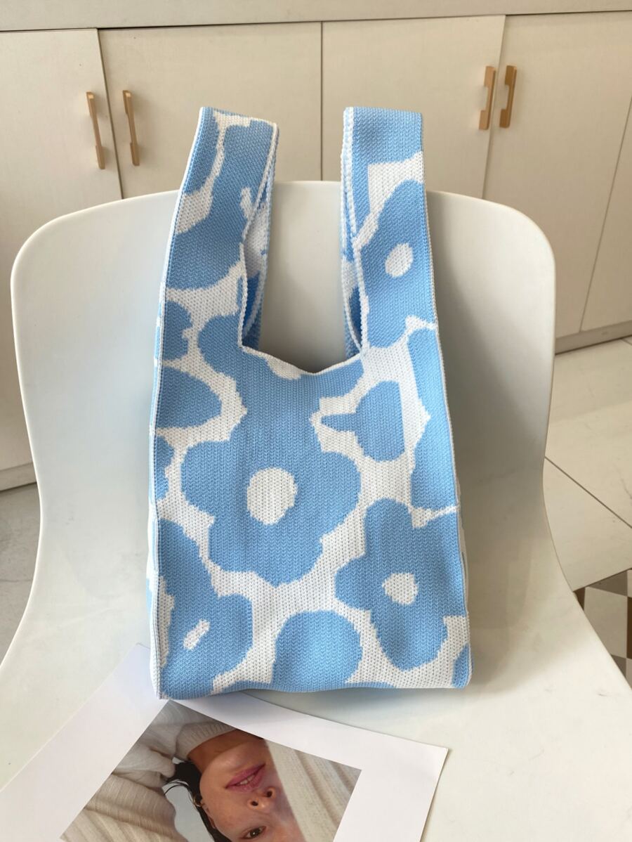 花卉圖案鉤針編織袋 - 淺藍色 - 查看 1