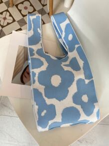 花卉圖案鉤針編織袋 - 淺藍色 - 查看 2