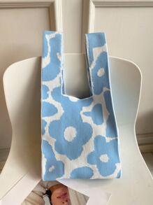 花卉圖案鉤針編織袋 - 淺藍色 - 查看 3