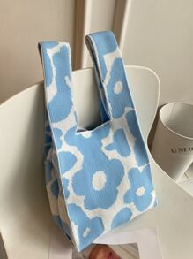 花卉圖案鉤針編織袋 - 淺藍色 - 查看 5