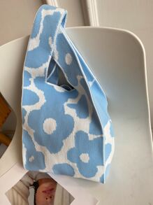 花卉圖案鉤針編織袋 - 淺藍色 - 查看 7