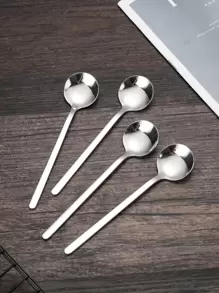 4pcs Stainless Steel Spoon, Silver Simple Small Stirring Spoon For Home - Silver - View 1