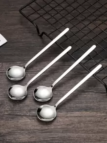 4pcs Stainless Steel Spoon, Silver Simple Small Stirring Spoon For Home - Silver - View 3