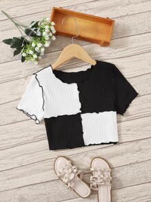 SHEIN Tween Girl Two Tone Lettuce Trim Rib Knit Crop Tee - Black and White - View 1