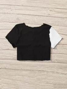 SHEIN Tween Girl Two Tone Lettuce Trim Rib Knit Crop Tee - Black and White - View 2