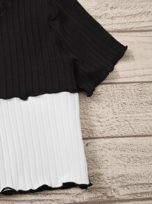 SHEIN Tween Girl Two Tone Lettuce Trim Rib Knit Crop Tee - Black and White - View 3