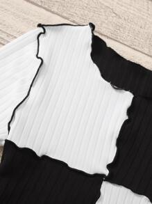 SHEIN Tween Girl Two Tone Lettuce Trim Rib Knit Crop Tee - Black and White - View 4