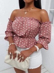 SOLERSUN Random Polka Dot Frilled Off Shoulder Flounce Sleeve Peplum Blouse Peplum Top - Dusty Pink - View 3