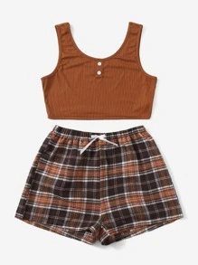 Bộ đồ ngủ Nữ Nơ Bướm Nút phía trước Sọc ca rô Giải trí - Nhiều màu - Xem 3