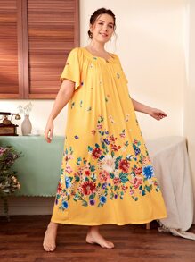 SHEIN Unity Đầm mặc nhà Kích Thước Lớn Hoa Hoàng gia - Màu vàng - Xem 1