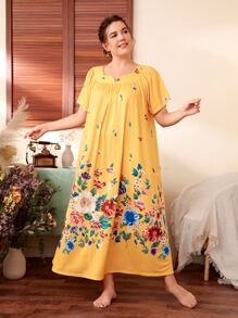 SHEIN Unity Đầm mặc nhà Kích Thước Lớn Hoa Hoàng gia - Màu vàng - Xem 3