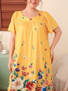 SHEIN Unity Đầm mặc nhà Kích Thước Lớn Hoa Hoàng gia - Màu vàng - Xem 4