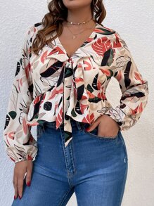 Áo sơ mi Plus Size Thắt nút Viên lá sen Thắt nơ trước Nhiệt đới Giải trí - Nhiều màu - Xem 1
