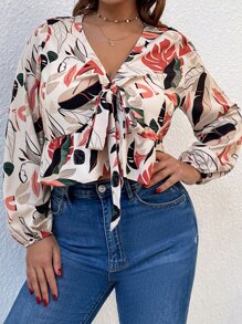 Áo sơ mi Plus Size Thắt nút Viên lá sen Thắt nơ trước Nhiệt đới Giải trí - Nhiều màu - Xem 3