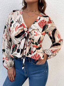 Áo sơ mi Plus Size Thắt nút Viên lá sen Thắt nơ trước Nhiệt đới Giải trí - Nhiều màu - Xem 5