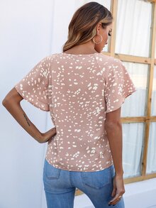 斑點印花繫帶領蝴蝶袖襯衫 - 藕粉色 - 查看 2