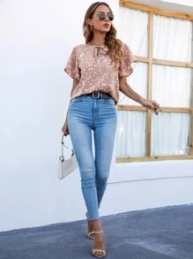 斑點印花繫帶領蝴蝶袖襯衫 - 藕粉色 - 查看 3